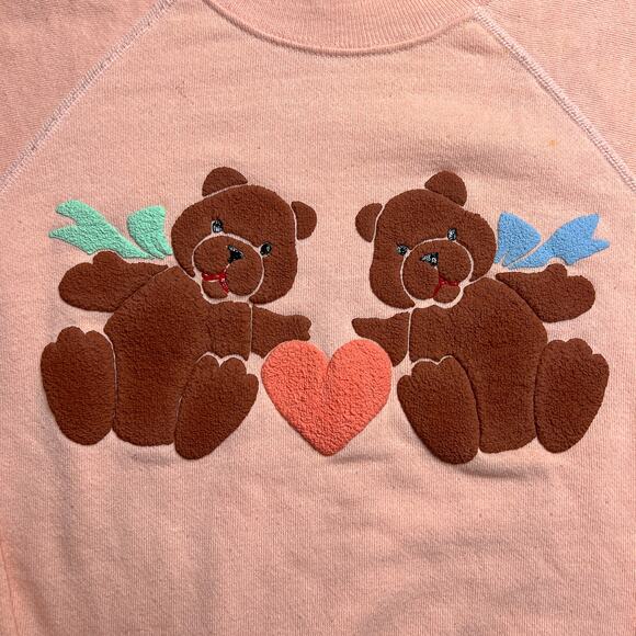 Vintage 80s Hanes Teddy Bear Heart Crewneck Sweatshirt Pink Textured Print Bows - Picture 2 of 10